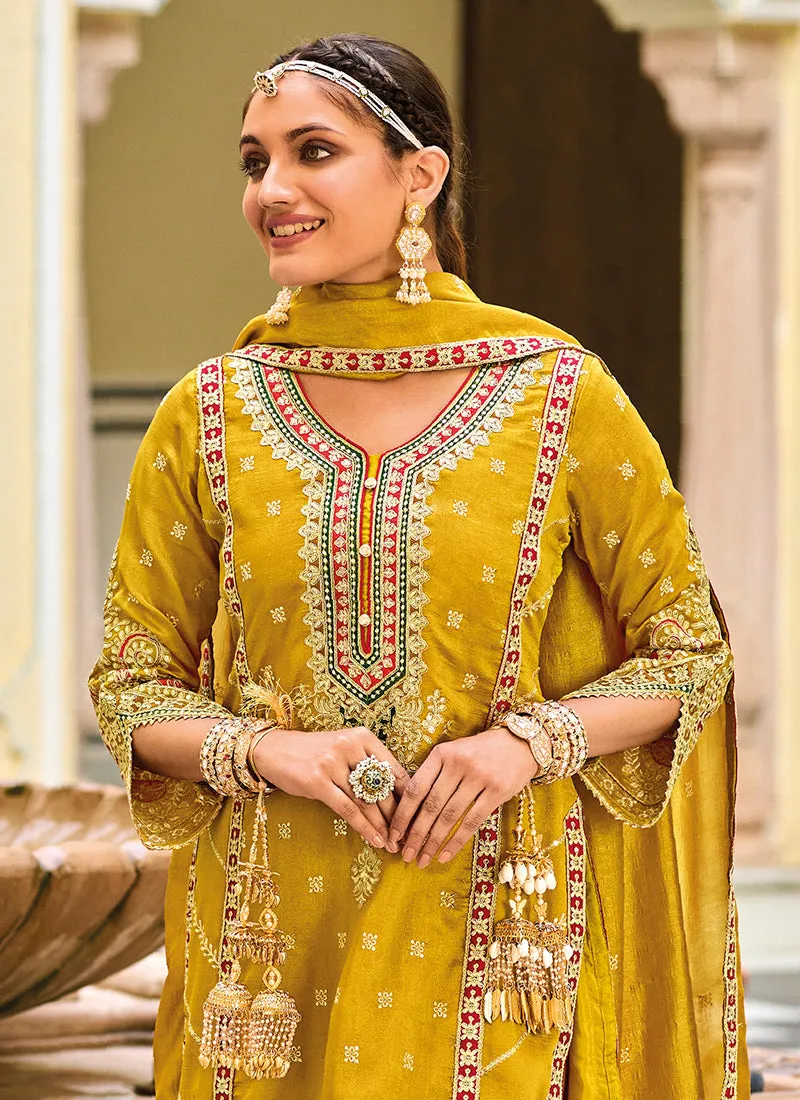Yellow Multi Embroidery Traditional Pant Style Suit