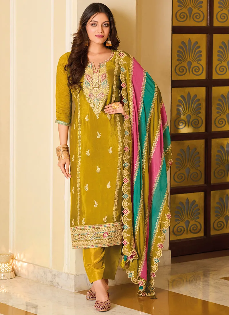 Yellow Multi Embroidery Traditional Pant Style Suit
