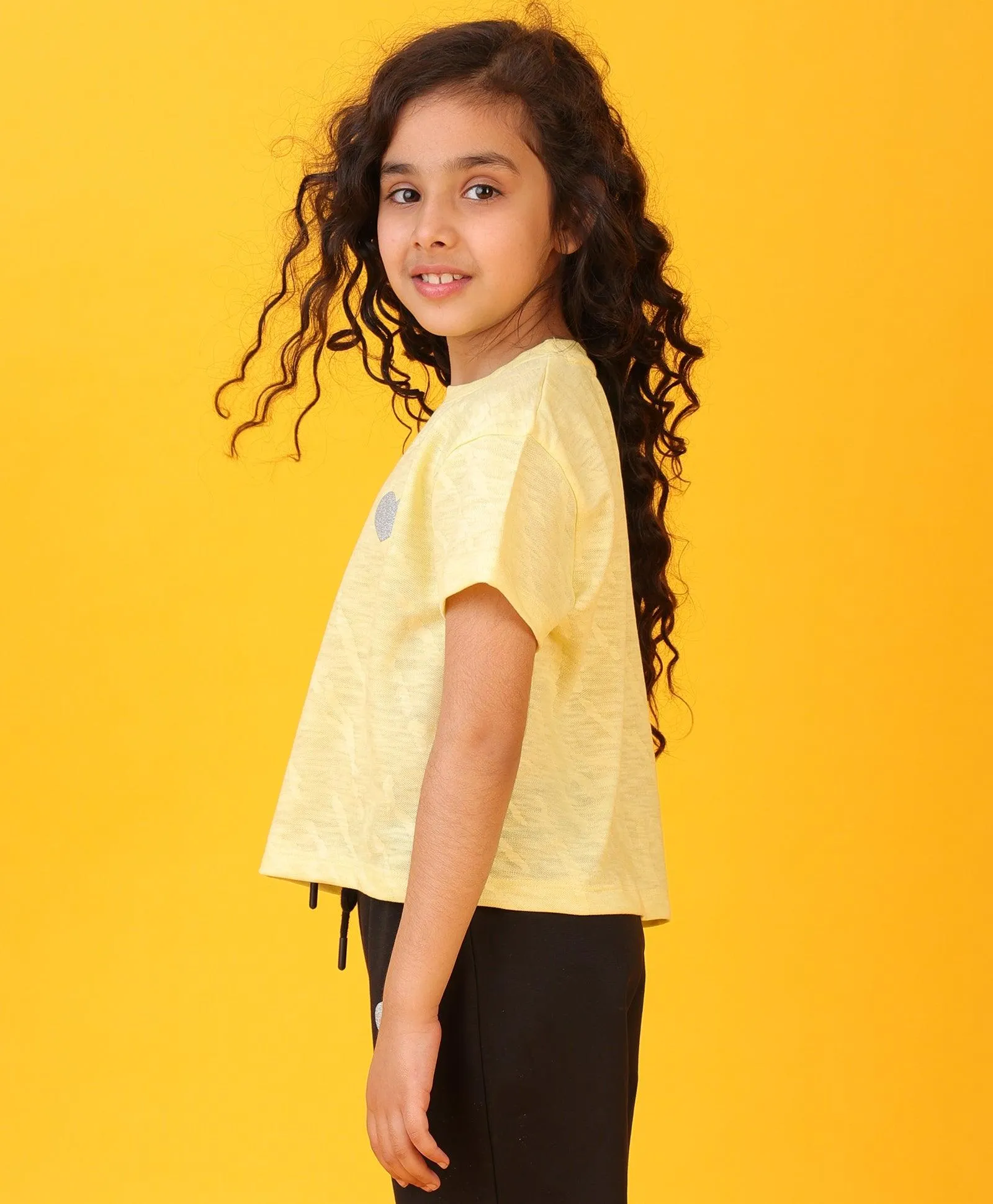 YELLOW SILVER HEART SUMMER GIRLS SHORT SLEEVE T-SHIRT - YELLOW